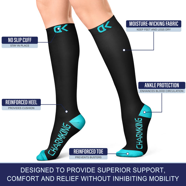 CHARMKING Compression Socks for Women & Men 20-30mmHg for Optimized Venous Support & Enhanced Circulation (Black/Blue)