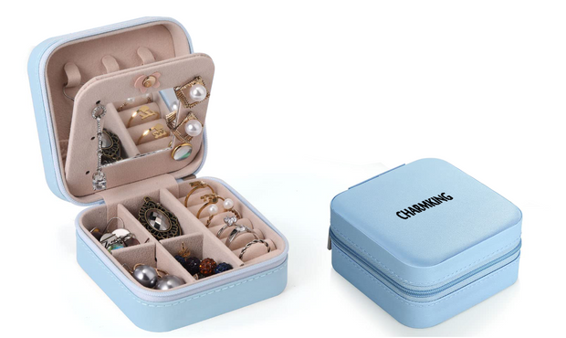 CHARMKING Small Travel Jewelry Box Organizer with Mirror Portable Mini Jewelry Storage Cases for Girl Women Earring Necklace Rings (Blue)