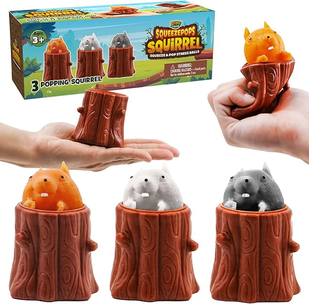 COOYOO Squeezepops Squirrel in Log Squeeze Toy - Squirrel Fidget Popper, Pop Up Fidget Toy - Toy Squirrel for Kids, Popping Squeeze Squirrel, Autism/ADHD Sensory Fidget Toys