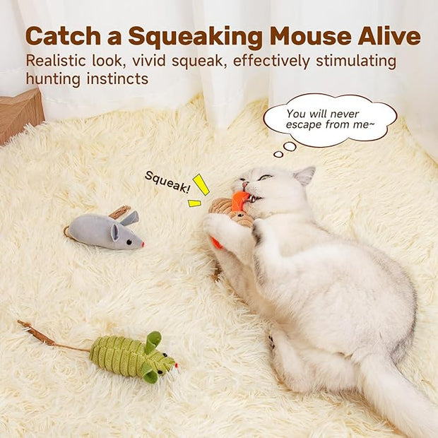 COOYOO Cat Toys 3Pcs Squeak Mice, Interactive Catnip Silvervine Animals Toys for Indoor Kittens, Dental Matatabi Cat Nip Chirping Toy, Cat Chew Exercise Toy for All Breeds and Species
