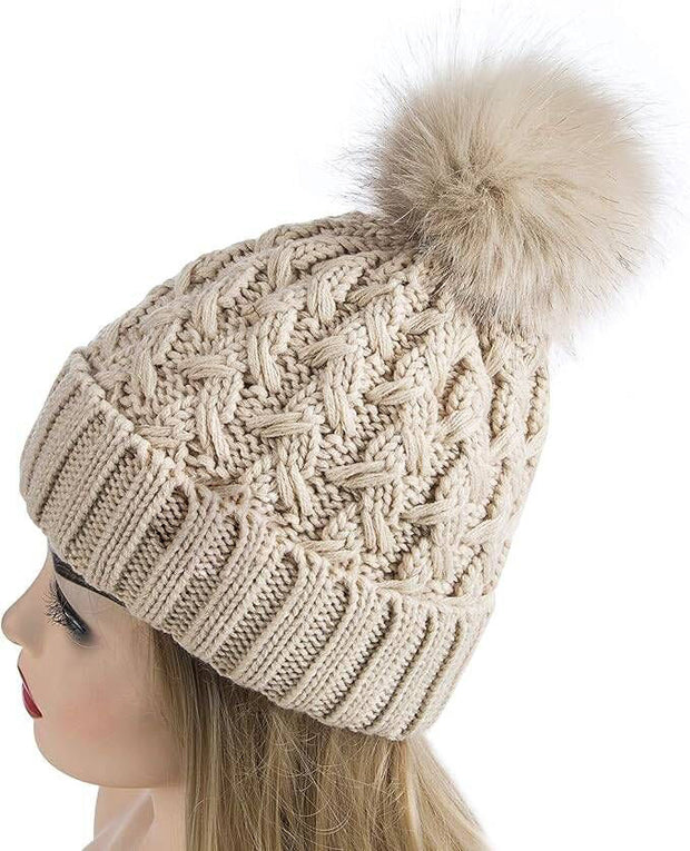 BLUEMAPLE Hosiery Womens Winter Ribbed Beanie Crossed Cap Chunky Cable Knit Pompom