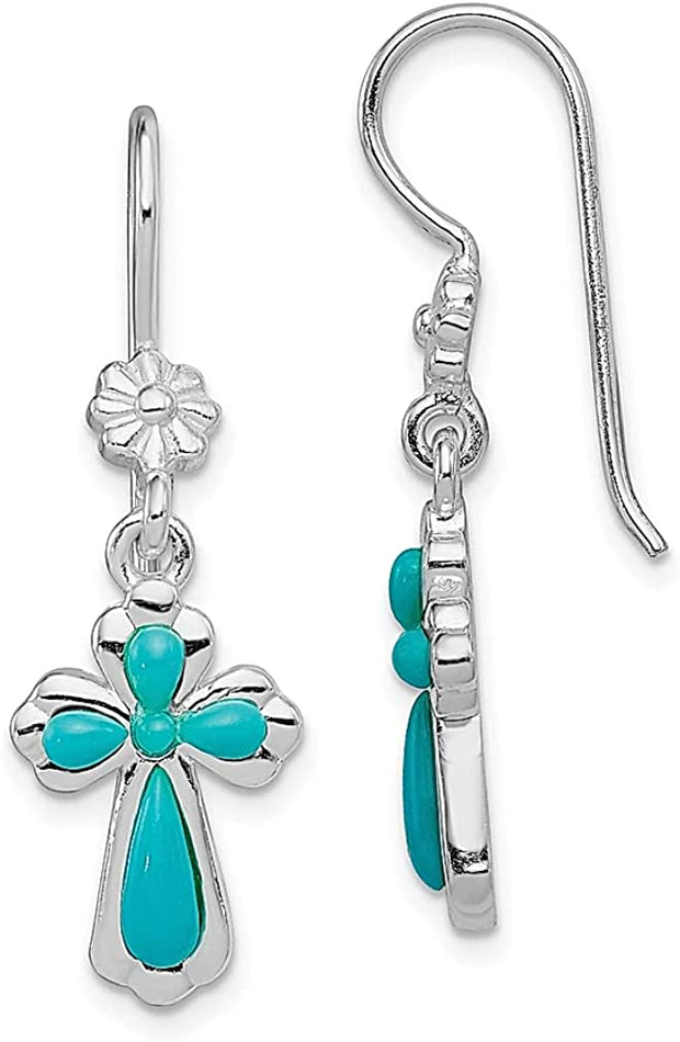 CHARMKING 925 Sterling Silver Imitation Blue Turquoise Cross Religious Flower Drop Dangle Chandelier Earrings Fine Jewelry For Women Gifts For Her