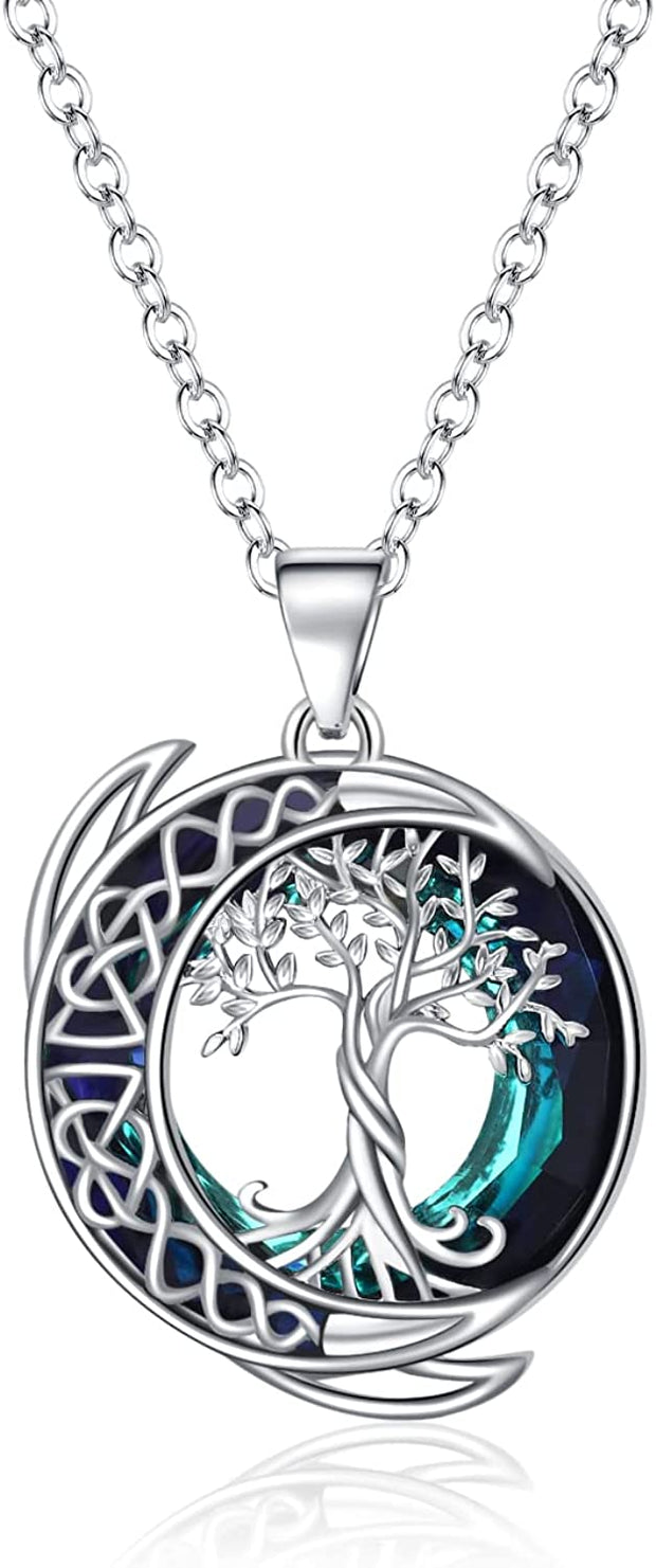 CHARMKING Moon Tree of Life Necklace S925 Sterling Silver Crystal Tree of Life Pendant Necklace Celtic Knot Full Moon Tree of Life Women&
