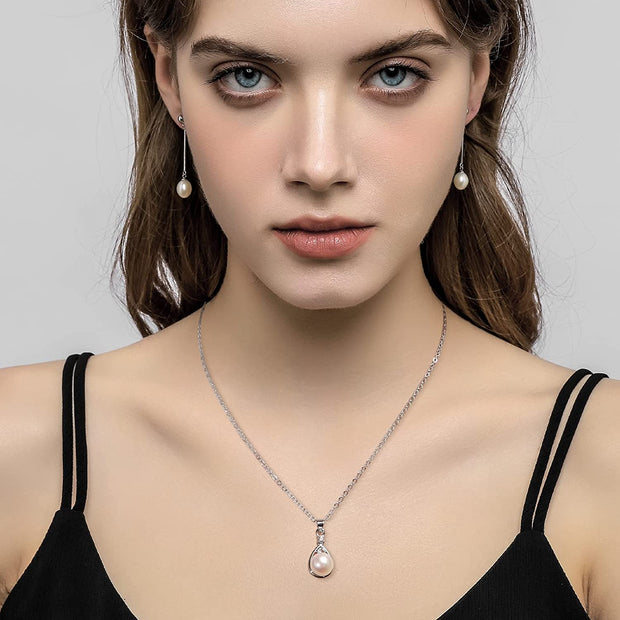 CHARMKING Freshwater Cultured White Pearl Necklace for Women,Women&