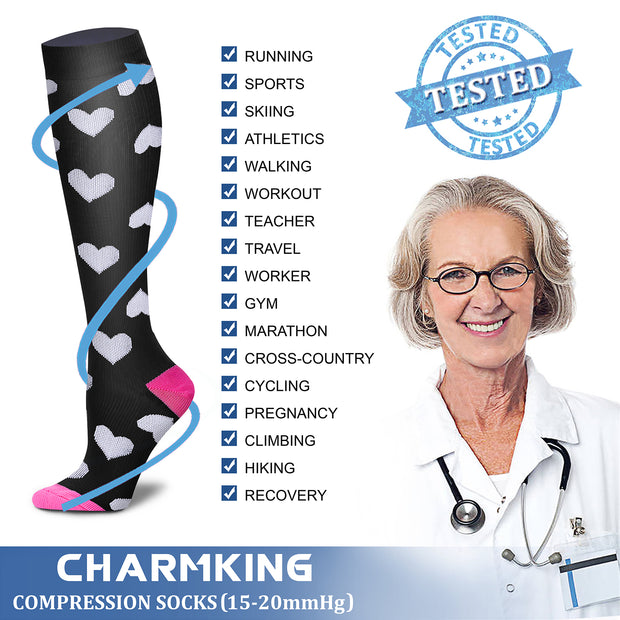 Compression Socks (8 Pairs), 15-20 mmHg for Men & Women - CHARMKING