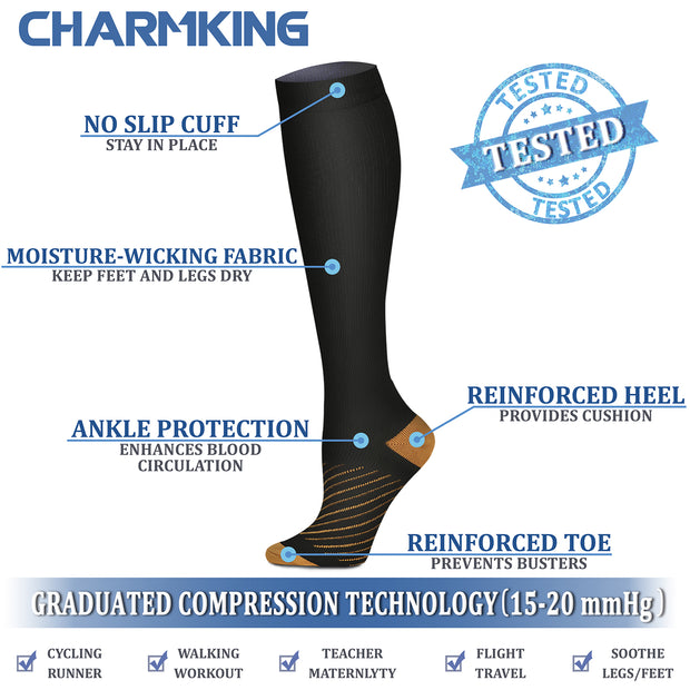 Compression Socks (8 Pairs), 15-20 mmHg for Men & Women - CHARMKING