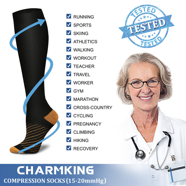 Compression Socks (8 Pairs), 15-20 mmHg for Men & Women - CHARMKING