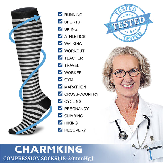 Compression Socks for Women & Men (6 Pairs) 15-20 mmHg is Best for Athletics, Running, Flight Travel, Support - CHARMKING