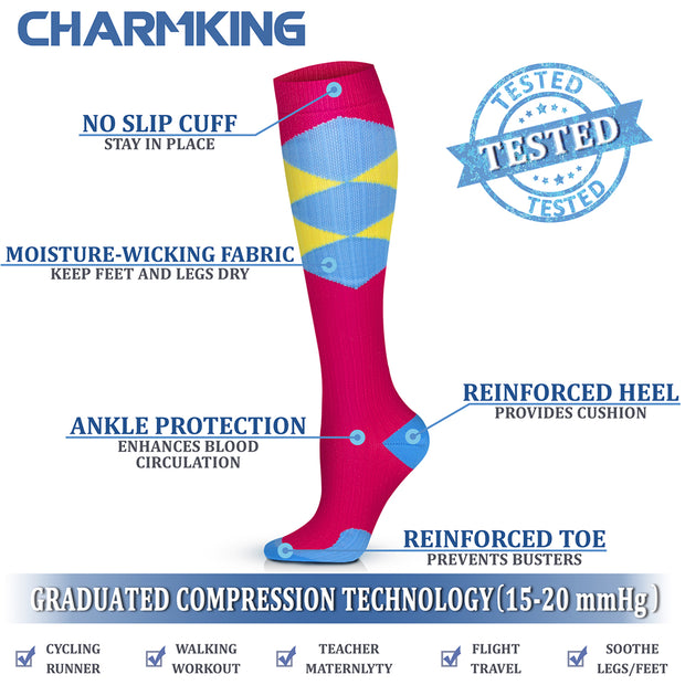 Compression Socks for Women & Men (6 Pairs) 15-20 mmHg is Best for Athletics, Running, Flight Travel, Support - CHARMKING