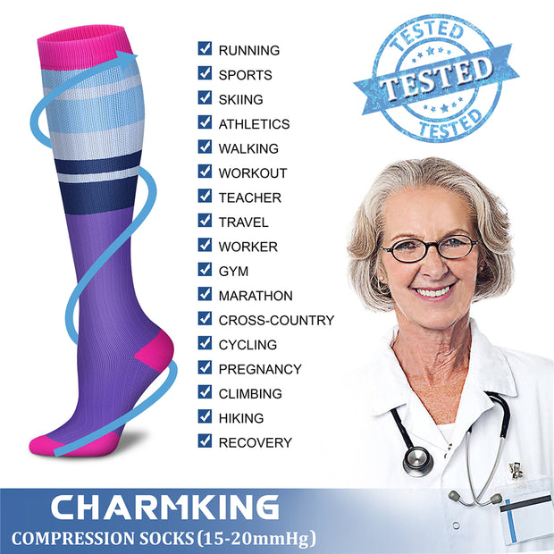 Compression Socks for Women & Men (6 Pairs) 15-20 mmHg is Best for Athletics, Running, Flight Travel, Support - CHARMKING