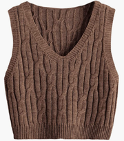 QUXIANG Women's Cable Knit Crop Sweater Vest Preppy Style Sleeveless V Neck