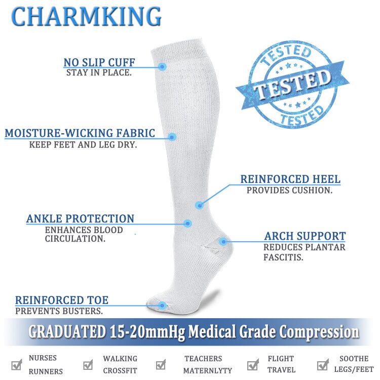 Compression Socks for Nurses (8 Pairs) 15-20 mmhg | CHARMKING