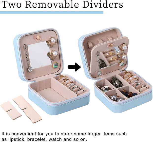CHARMKING Small Travel Jewelry Box Organizer with Mirror Portable Mini Jewelry Storage Cases for Girl Women Earring Necklace Rings (Blue)