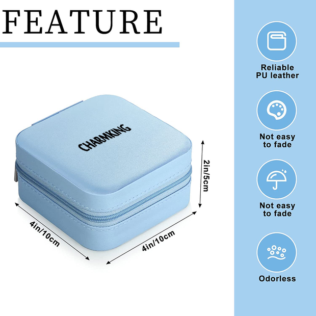 CHARMKING Small Travel Jewelry Box Organizer with Mirror Portable Mini Jewelry Storage Cases for Girl Women Earring Necklace Rings (Blue)